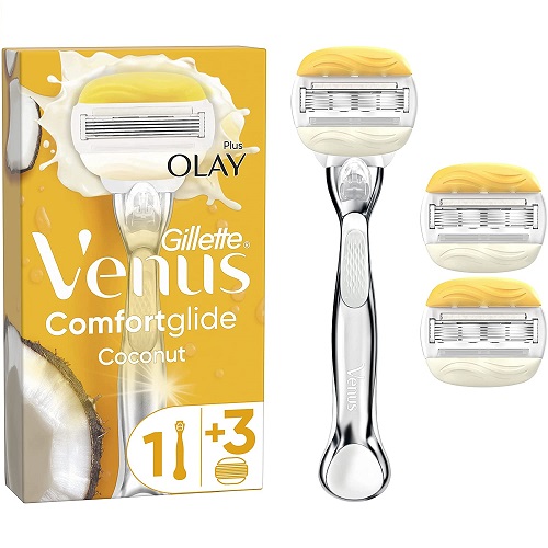 Gillette Venus ComfortGlide with Olay 2-in-1 Razor for Women + 3 Refill Blades, Shaving Gel Bars Starter Kit